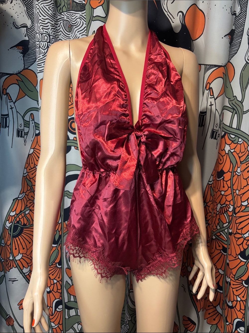 Women's Red Satin Halter Teddy with Lace Trim